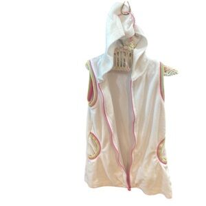 swimsuit coverup hood zipper terry cotton white pink pool beach girls size 5 6 M
